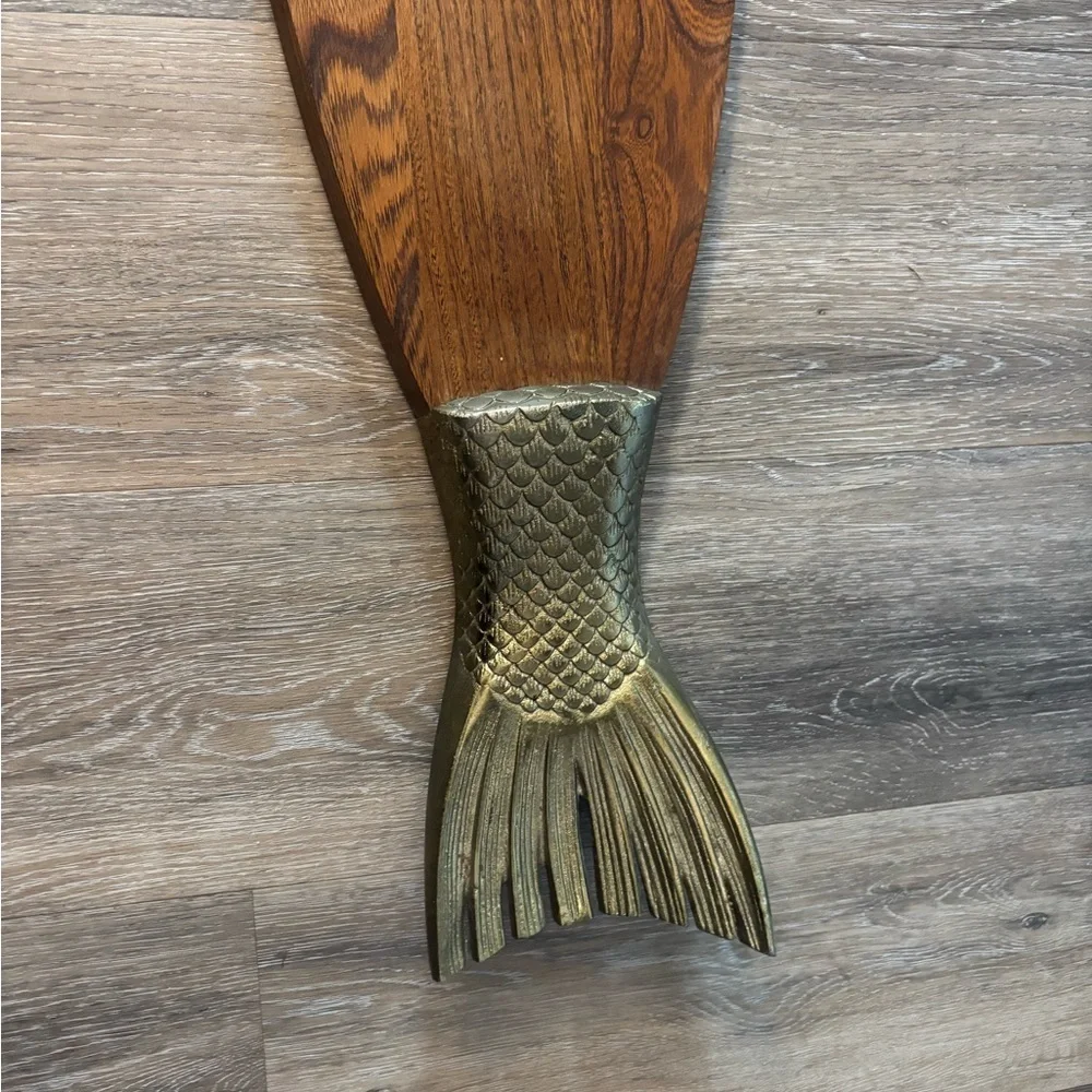 XL Wooden Salmom Fish-Shaped serving platter Cutting Board with Brass Accents